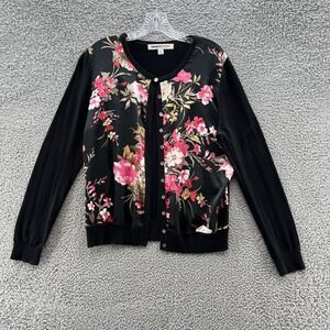 Clements Ribeiro Sweater Women XL Black Cashmere Knit Pink Floral Satin Cardigan